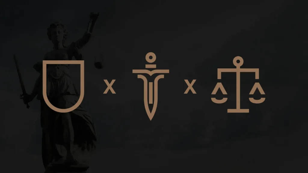 Abstrakte Symbole von Schild, Schwert und Waage in Goldtönen auf dunklem Hintergrund – visuelle Darstellung der Werte Schutz, Durchsetzungskraft und Gerechtigkeit der Kanzlei Schwarz.
