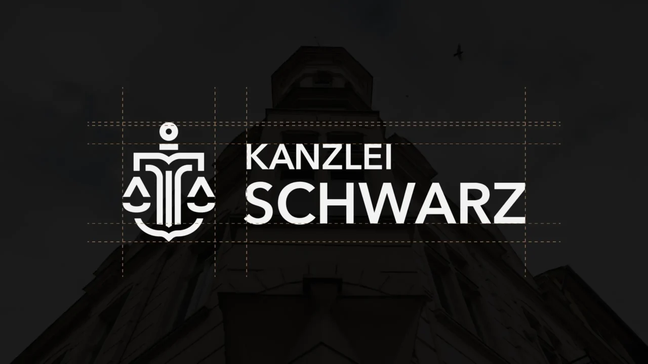 Logo der Kanzlei Schwarz mit Wortmarke und Signet vor dunklem Hintergrund, überlagert von feinen Konstruktionslinien zur Darstellung des Corporate Designs.