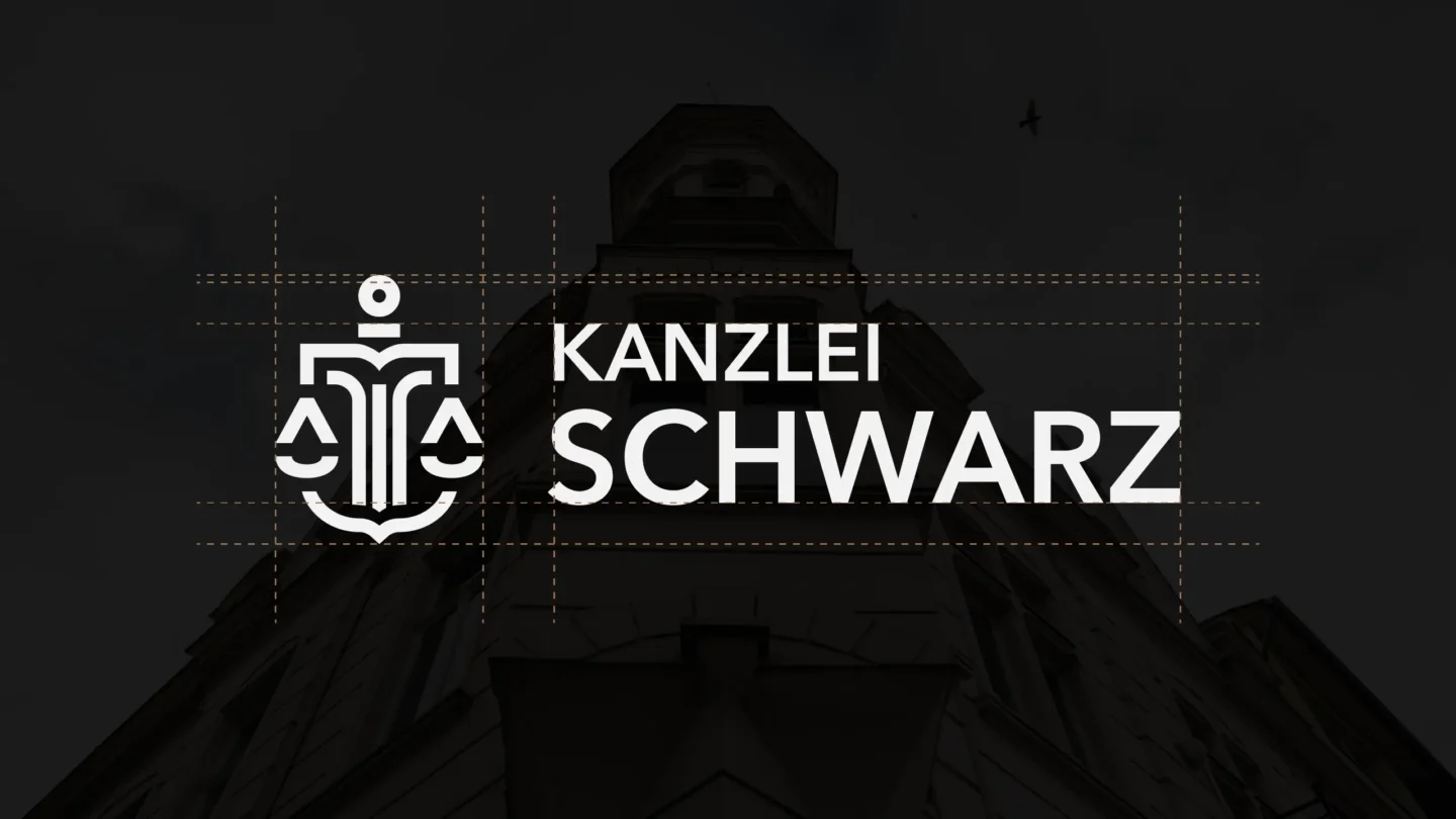 Logo der Kanzlei Schwarz mit Wortmarke und Signet vor dunklem Hintergrund, überlagert von feinen Konstruktionslinien zur Darstellung des Corporate Designs.